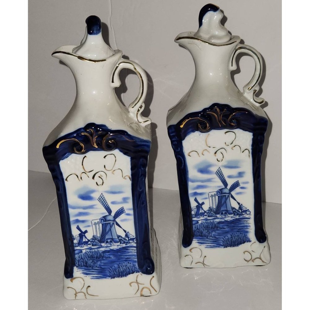 Vintage Vienna Woods Fine China Porcelain Delft Blue Windmill Oil and Vinegar